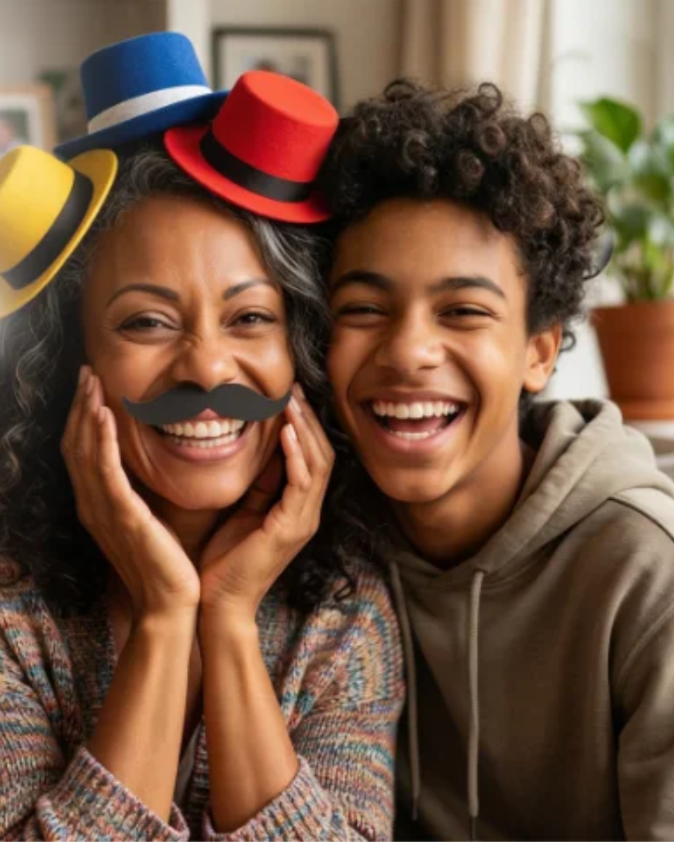 A mother and her son laughing together
